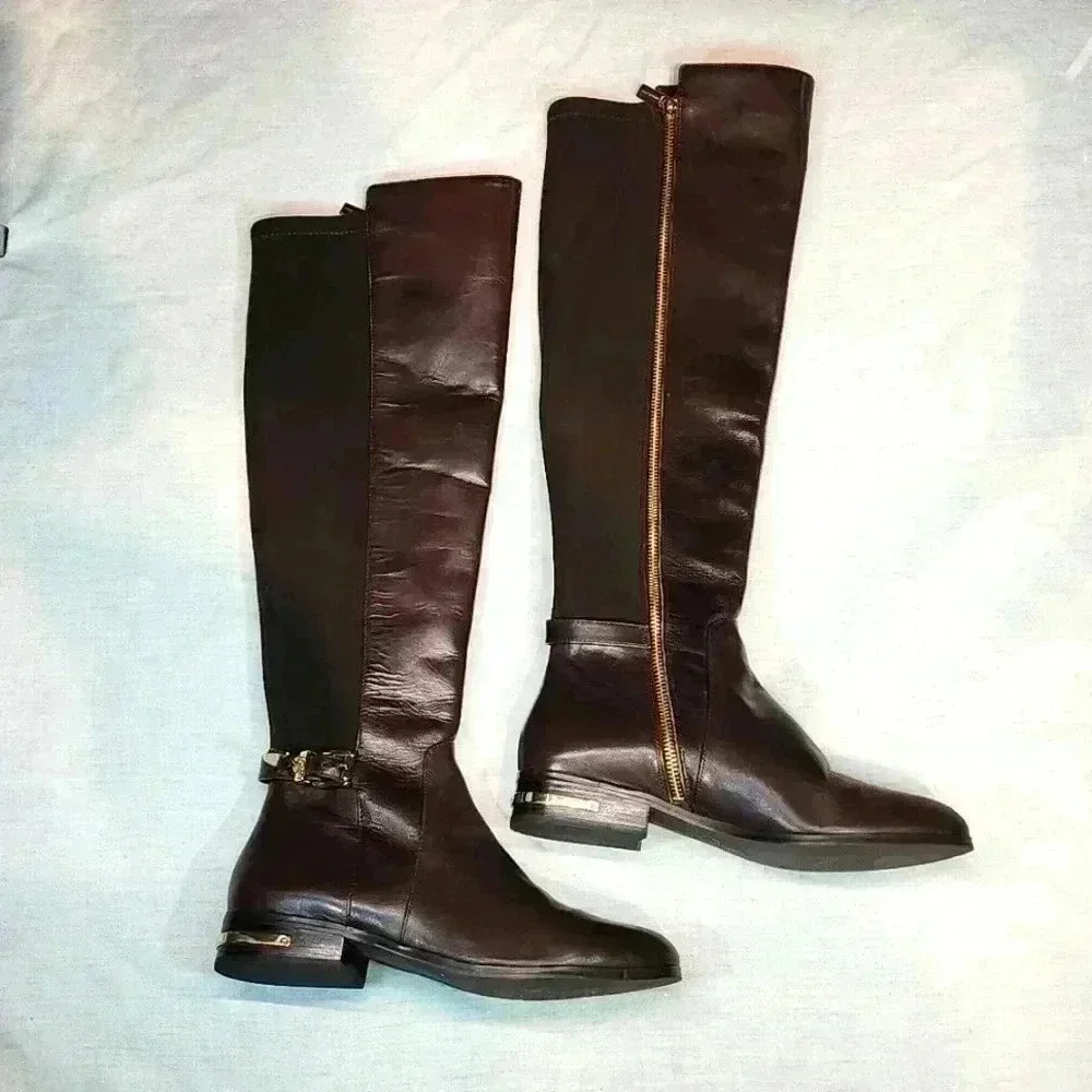 MICHAEL KORS WOMEN'S BROWN AND GOLD RIDING BOOTS NWOB